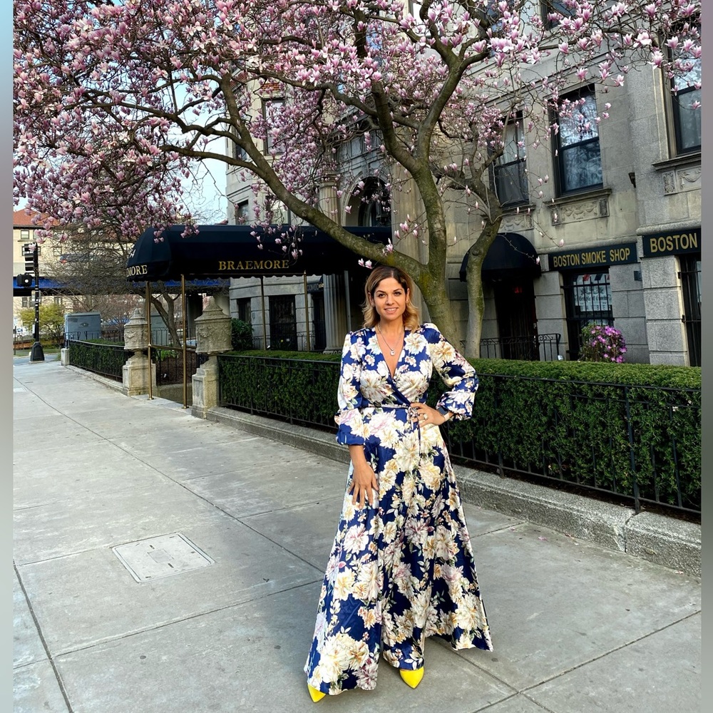 Peach Puff Floral Satin Wrap Dress - SZ L